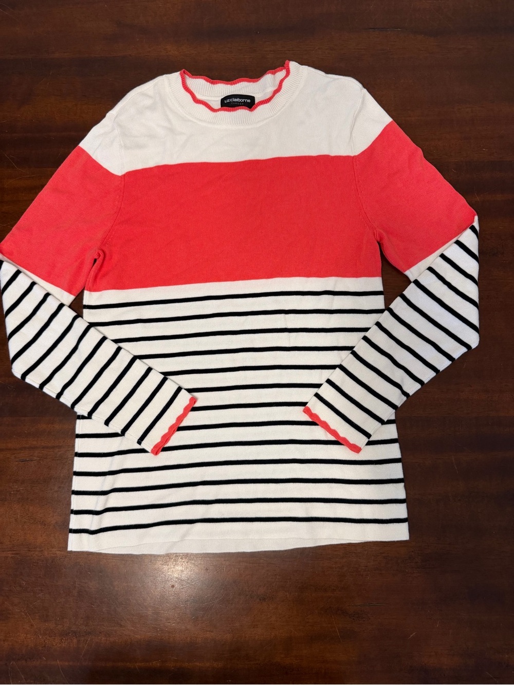 Liz Claiborne Coral, White & Black Striped Long Sleeve Top